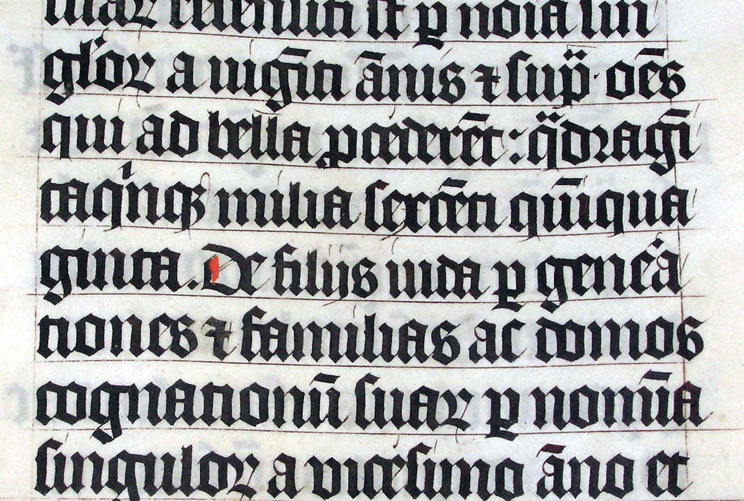 An early example of blackletter script—a style that reflected the thick nibbed pens that were in use at the time.